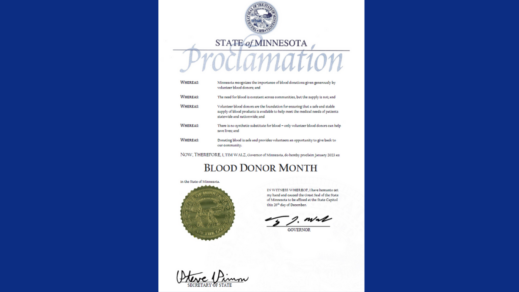 Minnesota Governor Tim Walz Proclaims January 2023 Blood Donor Month in Minnesota