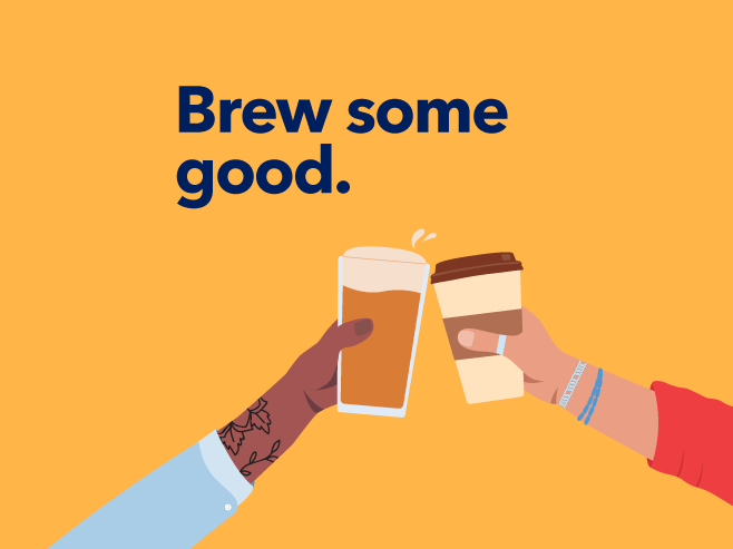 Brew for Good. hands holding a beer mug and coffee glass