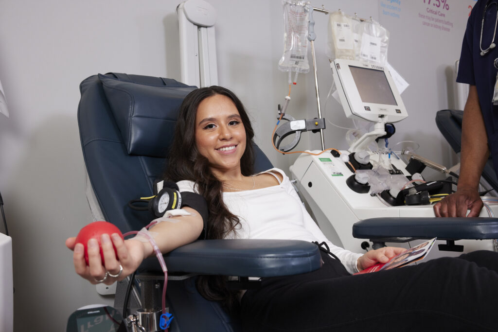 Donor in donation chair at Memorial Blood Centers