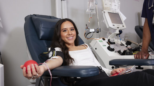 Donor in donation chair at Memorial Blood Centers